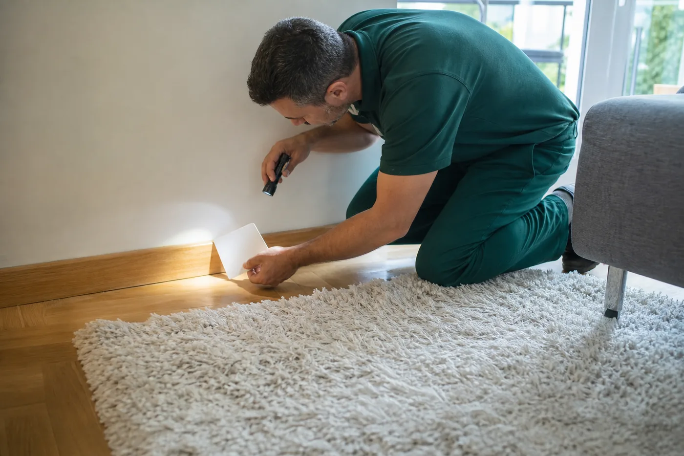 Técnico inspeccionando una vivienda por pulgas en Ripollet