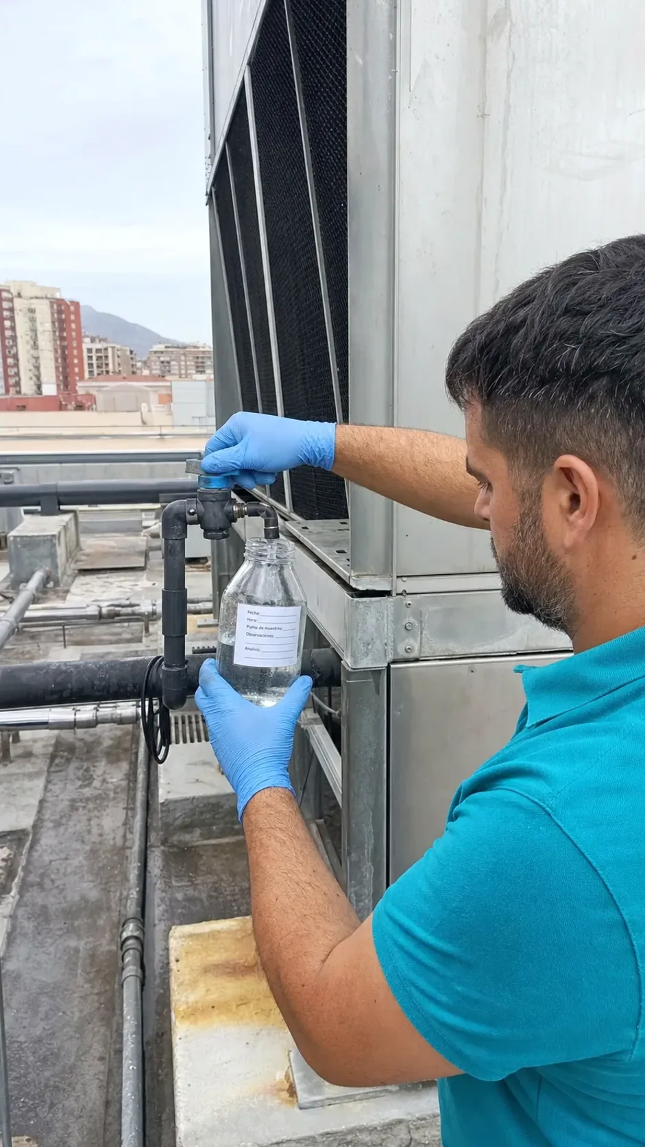Técnico tomando muestras de agua para el control de legionela